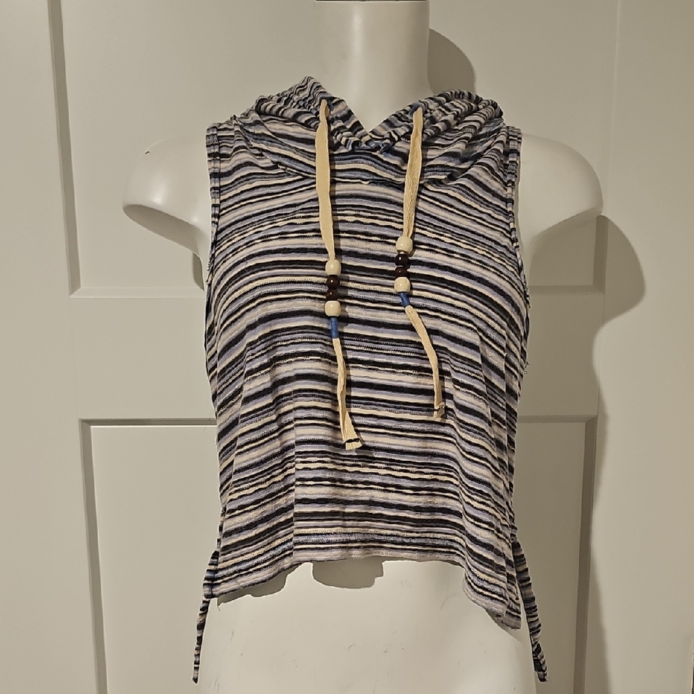 We The Free Striped Sleeveless Hoodie With Beaded Drawstring